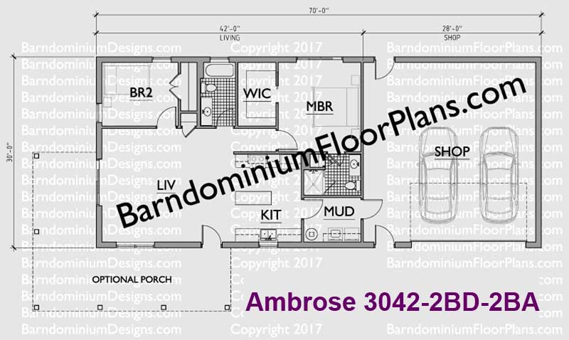 Ambrose 3042 2 Bed 2 Bath Barndominium
